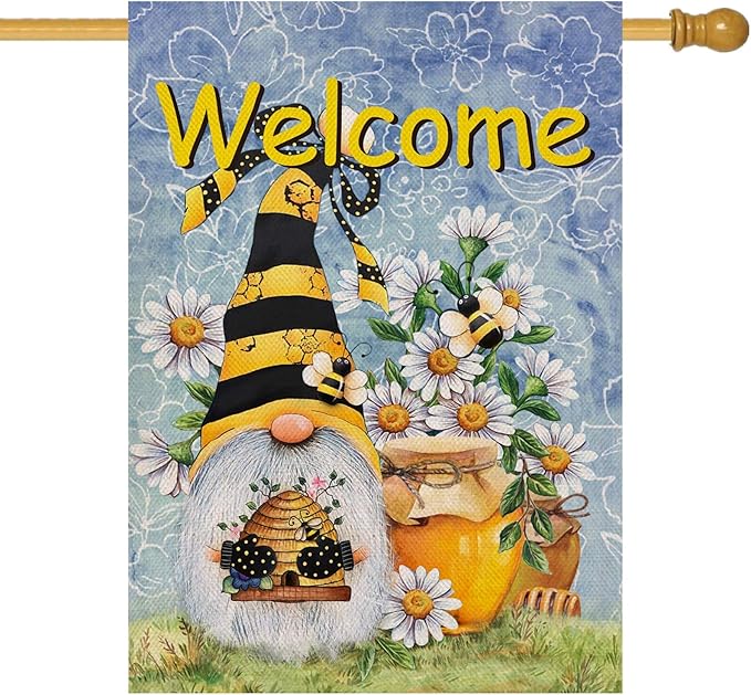 Furiaz Welcome Spring Honey Bumble Bee Gnome House Flag, Summer Yard Home Decorative Outdoor Decoration, Daisy Flower Burlap Lawn Outside Large Decor Double Sided 28x40