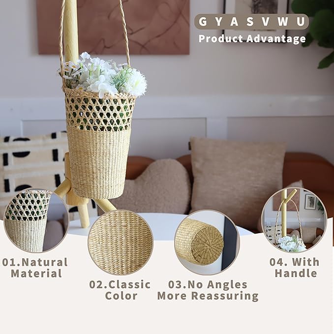 GYASVWU Straw Woven Hanging Basket, Rustic Flower Girl Baskets, Front Door Basket for Flowers,Wicker Flower Baskets for Home Decor, Wedding, Garden, Farmhouse, Gift (Original)