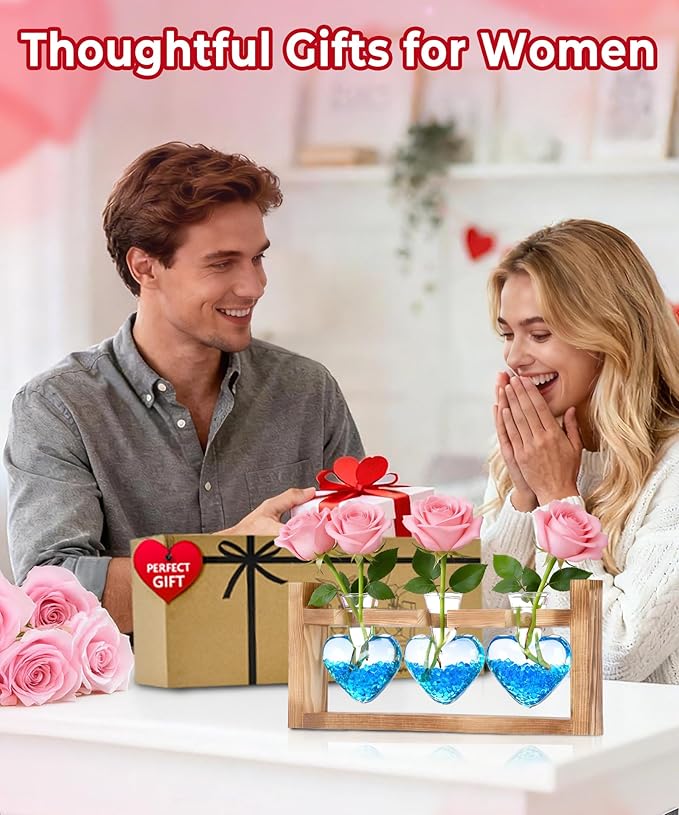 Nacome Plant Terrarium Propagation Stations: Valentines Day Gifts for Her Plant Lovers Women Mom Wife Daughter - 3 Bulb Glass Vase with Wooden Stand Tabletop for Hydroponics Indoor Office Home Decor