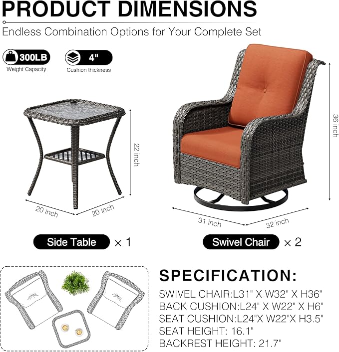 Joyside 3 Piece Wicker Patio Furniture Set, Outdoor Swivel Rocker Patio Chairs with High Back, Deep Seating, Wide Armrest, Thickened Cushions, Outdoor Furniture for Deck, Porch Use