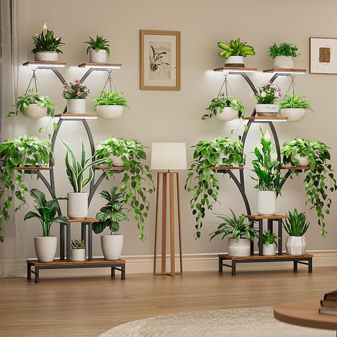 VOZZYOTO Plant Stand Indoor with Grow Lights - 7 Tiered Metal Corner Shelf for Multiple Plants, 63" Corner Plant Stand for Indoor Plants, X-Shaped Plant Rack for Home, Living Room, Office & Patio Decor