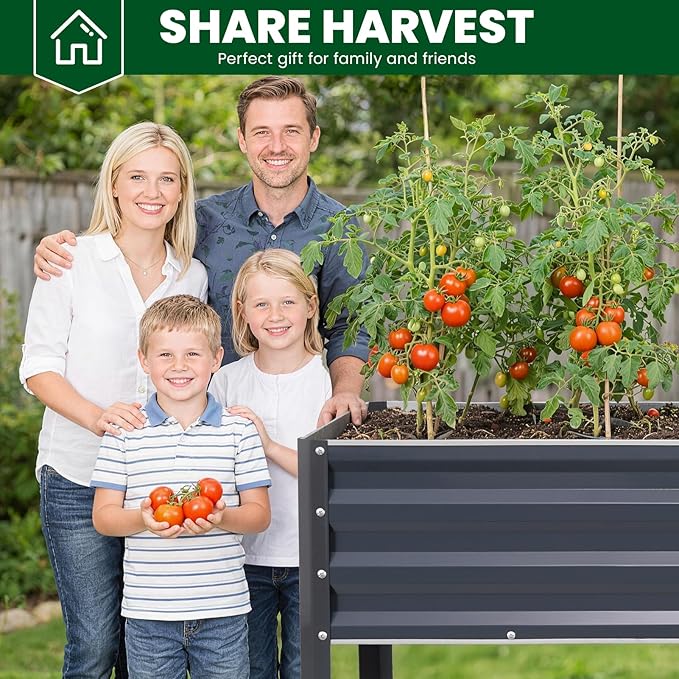 1MORE Elevated Raised Garden Bed with Legs & Storage Rack, 48×24×32in Large Metal Raised Bed for Backyard, Patio. Raised Planter Box with Drainage Holes for Plants Vegetables Flowers Fruits(Grey-1pcs)