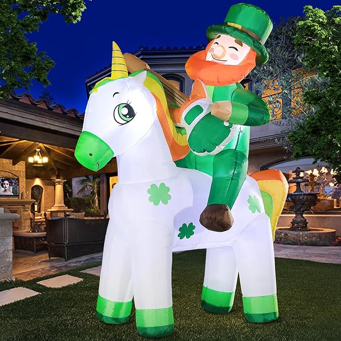 DomKom 5ft St. Patricks Day Inflatables Leprechaun Riding Unicorn Playing Guitar Blow Up LED Lighted Decor for Indoor Outdoor Lawn Yard Garden Patio Holiday Art Decor