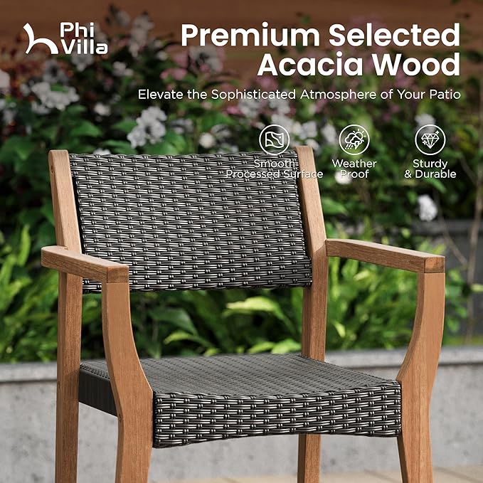 PHI VILLA Outdoor Acacia Wood Chairs Set of 2, Heavy-Duty Dining Armchairs with Wicker Back & Seat, Farmhouse Style Teak Seating Furniture for Patio, Deck, Yard, Balcony, Garden