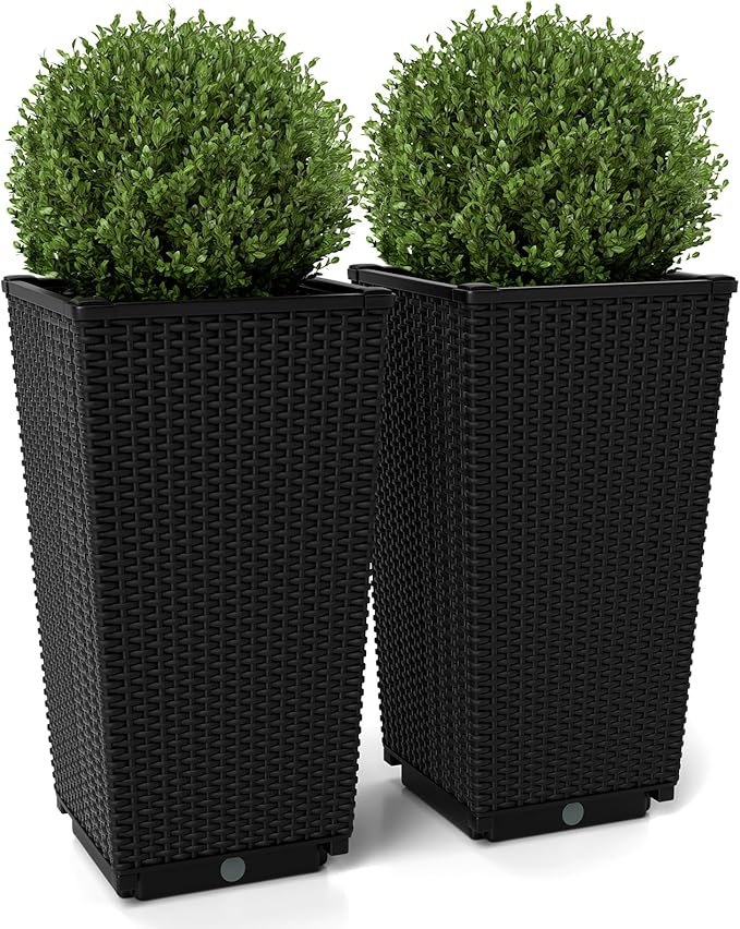 Giantex Set of 2 Outdoor Wicker Flower Pot, 23 Inch Tall Planters with Drainage Hole, Self-Watering Tray, Rattan Flower Pots, Indoor Outdoor Decoration for Front Porch Balcony Entryway (Black)