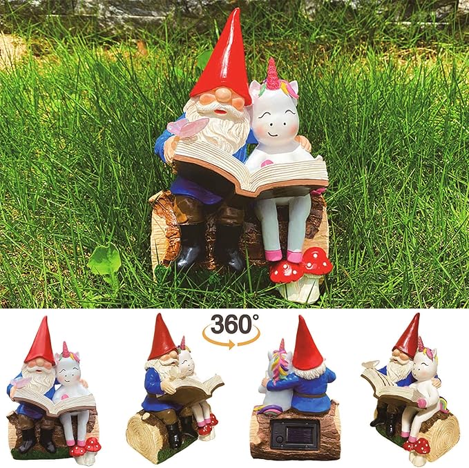 8'' Gnome and Unicorn Reading Book Statue,Funny Garden Gnomes Outdoor Statues for Garden Decor with Solar Lights,Gnomes Decorations for Yard Patio Lawn Cute Ornament Decoration,Gifts for Girl,Grandpa