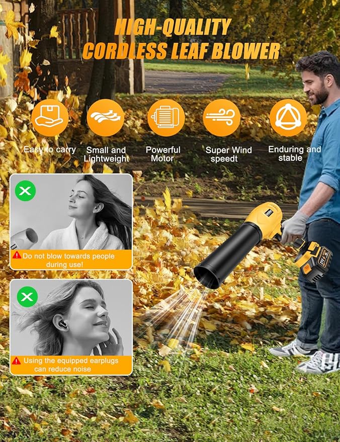 Leaf Blower Cordless, Powerful Handheld Electric Blower with 2×21V Batteries, Lightweight Leaf Blower for Lawn Care, Patio, Leaves, Snow & Dust Removal (Yellow Leaf Blower)