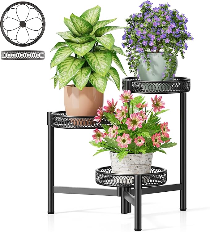 NQW 3 Tier Metal Plant Stand Indoor Outdoor, Corner Tall Plant Shelf for Multiple Plants, Foldable Heavy Duty Plant Holder, Decoration Flower Pot Stand for Patio Living Room Balcony Garden - BlackFlower