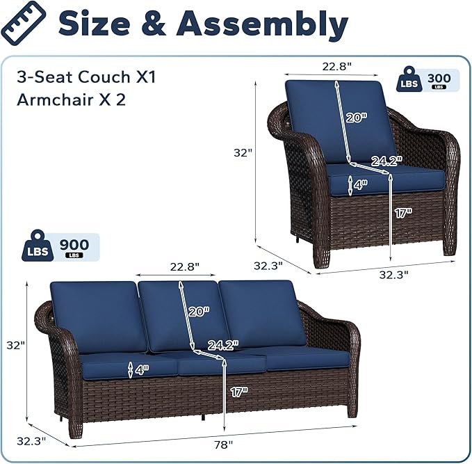 5 PCS Outdoor Conversation Set | 78" Couch, 4 Chairs, Patio Wicker Conversation Furniture with Removable Cushions for Bistro, Deck, Sunroom (Navy Blue)