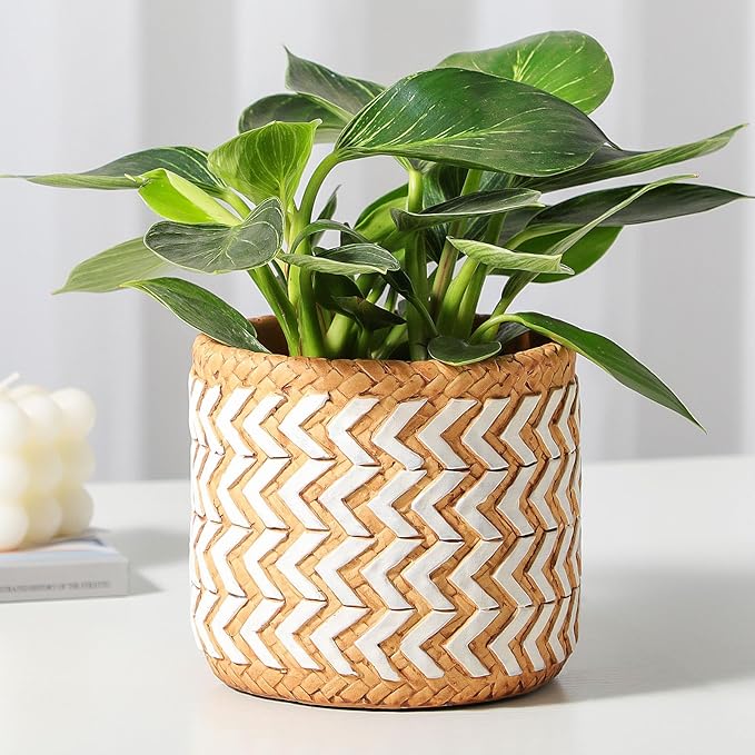 vomiceak Concrete Rattan-Style Plant Basket Planter, 5" Outdoor Indoor Plant Pots with Drainage Hole, Boho Flower Pot for Succulents, Herbs, Modern Farmhouse Decor, Ideal Gift for Plant Lovers