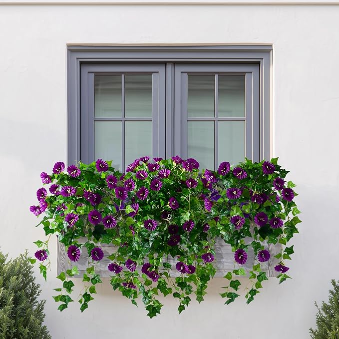 Morning Glory Artificial Hanging Flowers for Outdoors 3 Pcs Fake Petunias Flower Faux Silk Long Trailing Vines Realistic Flower for Front Door Porch Patio Balcony Garden Yard Decor (3 Pcs Dark Purple)