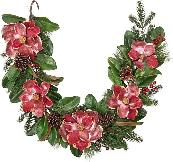 Briful 5FT Christmas Magnolia Flower Garland with Pine Cones Berries Artificial Silk Floral Vine Faux Flower Garland for Xmas Backdrop Table Wall Wedding Party Home Decor