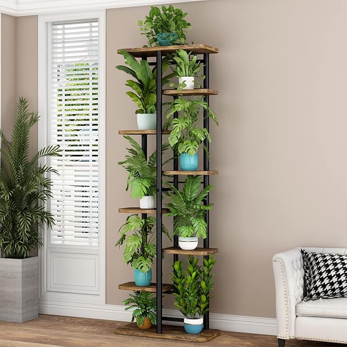 LINZINAR Plant Stand 8 Tier 9 Potted Multiple Flower Pot Holder Shelf Indoor Outdoor Planter Rack Storage Organizer for Patio Garden Corner Balcony Living Room (8 Tier-9 Potted, Black)