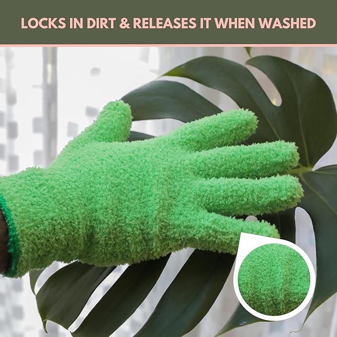 Mossify Microfiber Gloves for Plant Dusting – Reusable & Washable Plants Leaf Cleaning Gloves for Houseplants & Indoor Gardening, Soft & Absorbent Plant Dusting Glove for Windows, Dust Mitt - Green