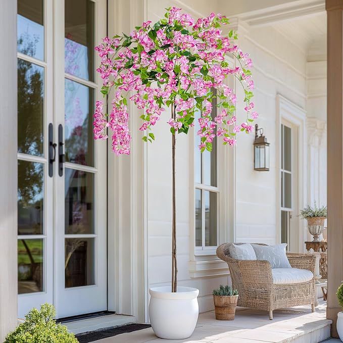 6FT Artificial Bougainvillea Tree Artificial Tree Tall Potted Fake Bougainvillea Trees for Outdoor Indoor Lifelike Potted Faux Plants with Wood Trunk and Flowers Office Wedding Home Decor