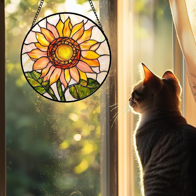 AMDERVEN Stained Glass Window Hanging 4 Pcs Set Lily Rose Sunflower Poppy 7.8" - Flower Suncatcher Door Garden Sun Catcher Decor Birthday Mother's Day for Wife Woman Nana Girl