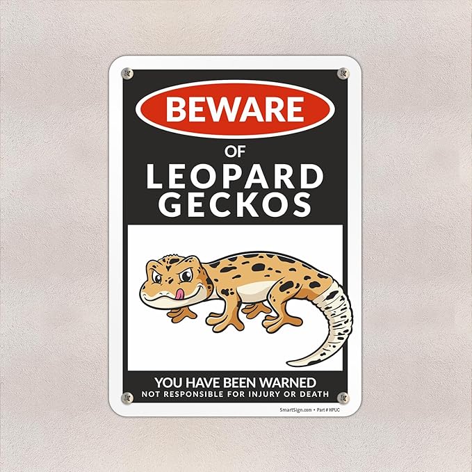 SmartSign Funny Beware Of Leopard Geckos Warning Sign - 10"x7", 40 mil Laminated Rust-free Aluminum - Metal Signs for Wall Decor, Bathroom, Outdoors, Patio, Gifts, Cafe - Geckos Theme, Made in USA