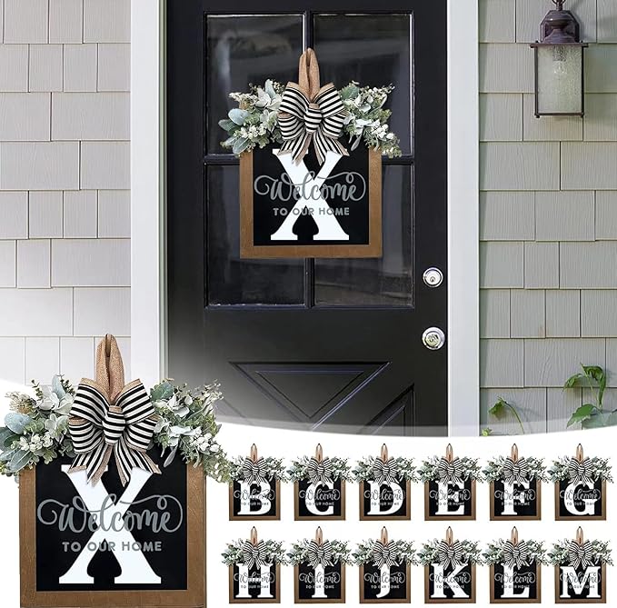 Last Name All Year Wreath, for Front Doors, Spring, Fall, 26 Last Name Letters All Year Round Wreaths, Suitable for Wedding Decorations, Home Porches, Farmhouses, Yards, Garden Decorations, Gifts (X)