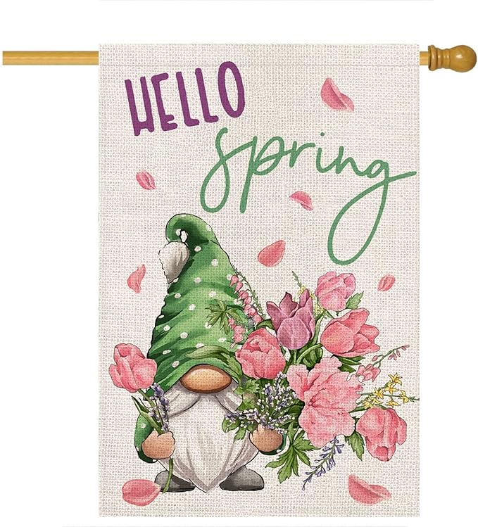 Hello Spring House Flag for Outdoor Gnome with Roses Flowers Yard Flags for Outside,Summer Seasonal Holiday Decorative Flag for Anniversary Wedding Farmhouse Decor 28x40 Inch Double Sided