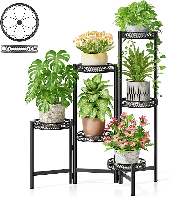 NQW 6 Tier Large Plant Stand Indoor with 7.9-Inch Wide Drainage Tray, Tiered Corner Metal Outdoor Flower Display Holder Shelf, Folding Tall Rack for House Patio Porch Balcony Graden - BlackFlower