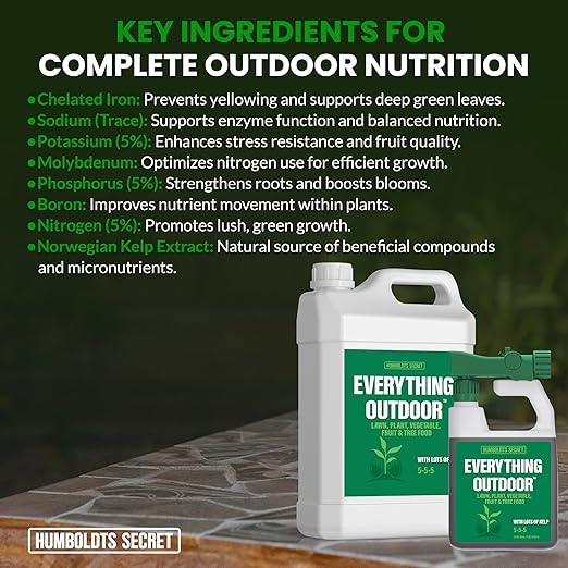 Humboldts Secret Everything Outdoor Plant Food | 5-5-5 Liquid Fertilizer with Norwegian Kelp | All Purpose Lawn, Vegetable & Fruit Food | Garden Nutrients | Refillable Hose End Bottle | 2.5 Gallon