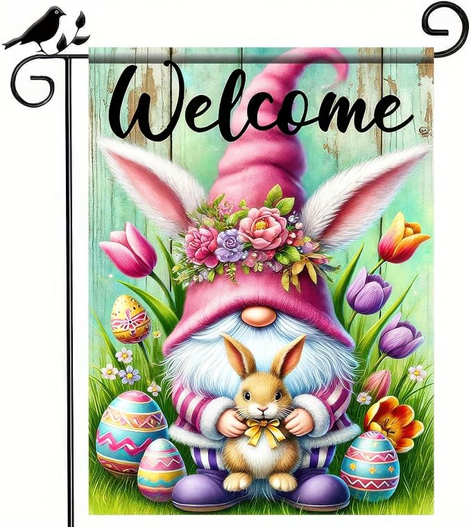 Easter Garden Flag 12x18 Inch Double Side Gnome with Bunny and Tulips Easter Decoration Spring Yard Flag Easter Eggs Colorful Welcome Yard Outdoor Home Display