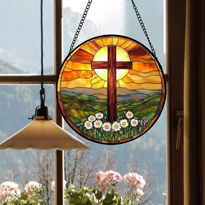 JOSUMALY Christian Gifts for Women - Cross Stained Glass Window Hanging Easter Daisy Natural Landscape Sun Catcher Garden Religion Decor Mother's Day Catholic Gift for Men Grandma Mom Her Nana 9.8"