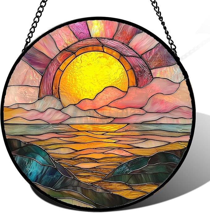 DASTOLL Stained Glass Window Hanging, Sunrise Over The Sea Suncatcher Diamond Glass Panel Hangings Abstract Sun Catchers Decor for Birthday for Women, Men, Wife, Aunt, and Mom 14.9 in