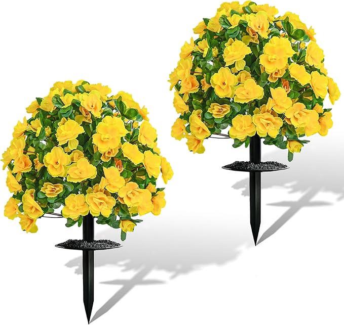 AZXVT Artificial Flowers for Outdoors, Faux Outdoor Plants Fake Plants Topiary Balls Artificial Outdoor Set of 2 with Ground Spike for Home Front Porch Patio Garden Decor (Yellow)
