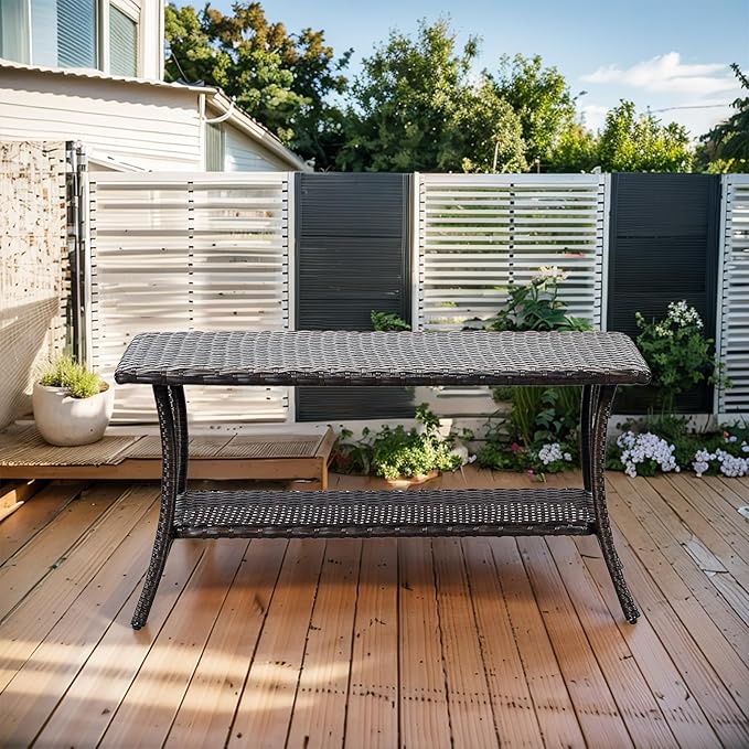Wicker Outdoor Coffee Table,Rattan Outdoor Coffee Table with 2-Layer Storage Furniture Tables for Garden,Porch,Backyard