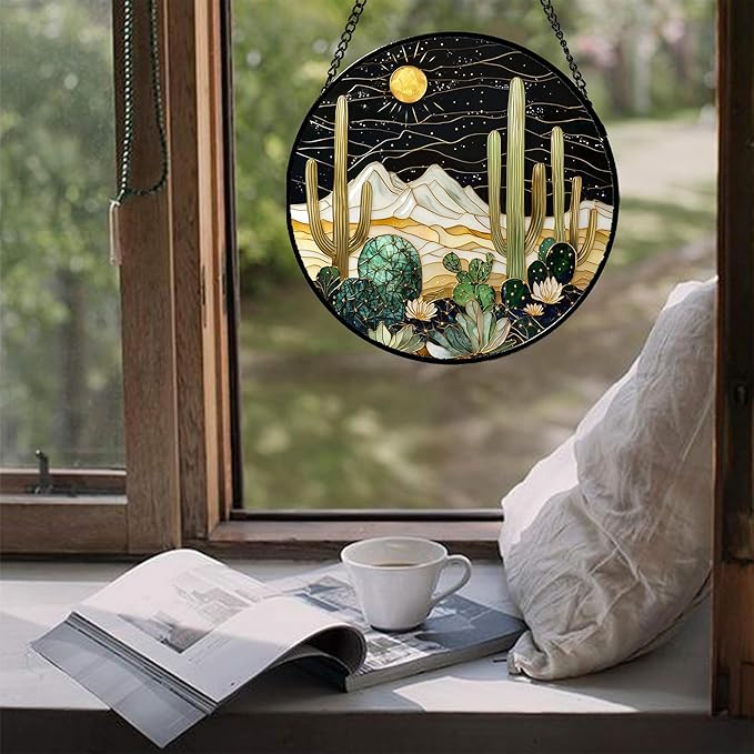 DASTOLL Stained Glass Window Hanging, Black and White Golden Cactus Nature Suncatcher for Doors Window Home Starry Sky Sun Catchers Decor Mother's Day Birthday Gifts for Women, Men Mom 7.8 in