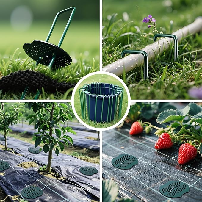 50Pcs Garden Staples +50Pcs Gasket +Pick Hook +Rubber Mallet, 6 Inch Landscape Fabric Stakes Galvanized Weed Barrier Stakes 11 Gauge Landscape Pins U Shape Lawn Staples for Yard, Sod, Turf, Green