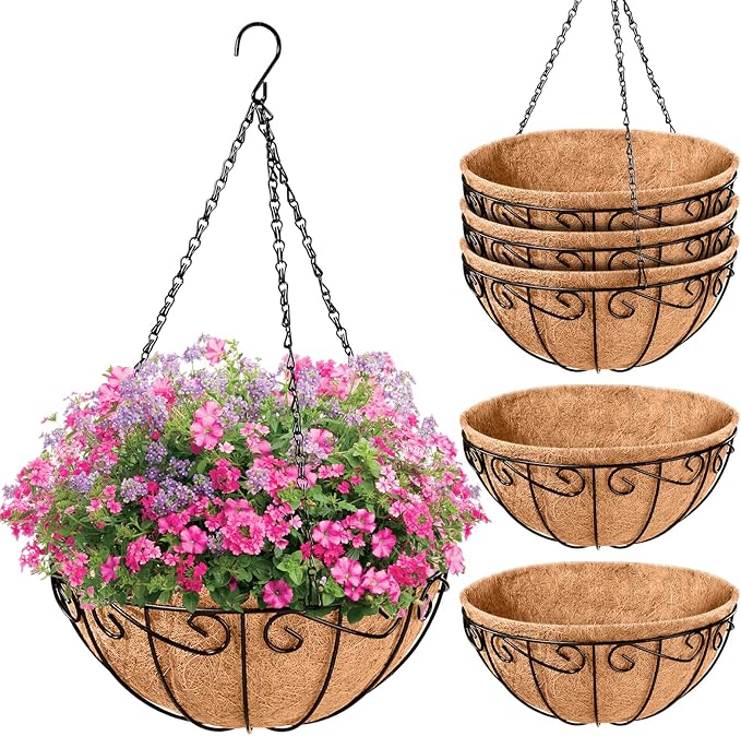 Legigo 6 Pack 14 Inch Metal Hanging Baskets for Plants Outdoor- Round Wire Hanging Planters Basket with Coconut Coir Liner, Hanging Flower Pot for Outdoor Plants Flowers Garden Decorations