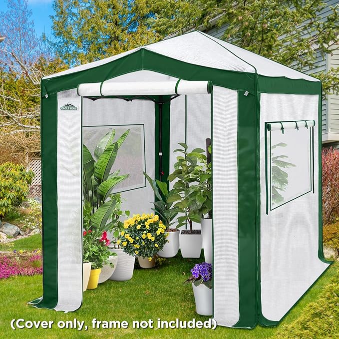 EAGLE PEAK Replacement Cover for 8x6 Pop up Greenhouse with Polyester Reinforced Corners, Front and Rear Roll-Up Zipper Entry Doors and 2 Roll-Up Side Windows (Frame Not Included), Green/White