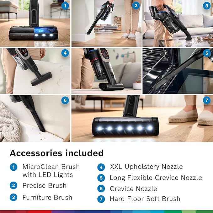 Bosch Unlimited 10 Cordless Stick Vacuum, Up to 80-Min Runtime, 90° Flex Tube, Fast Charger, MicroClean, >99.9% Dust Pick-up, HEPA Filter, Pet Hair, Carpets & Hard Floors, 6 Accessories, Black