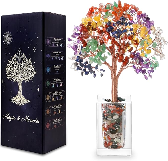 Magic and Miracles 7 Chakra Tree of Life Healing Crystal Bonsai Fengshui Tree, Office Desk Decor Home Living Room Decorations, Christmas Birthday Housewarming Meditation Yoga Gifts for Women Mom