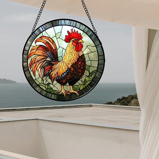 Stained Glass Window Hanging - Rooster Suncatcher for Doors Garden Patio Retro Colored Chicken Sun Catchers Decor Christmas Mother's Day Birthday Gifts for Women Men Mom Nana Friend 15 in