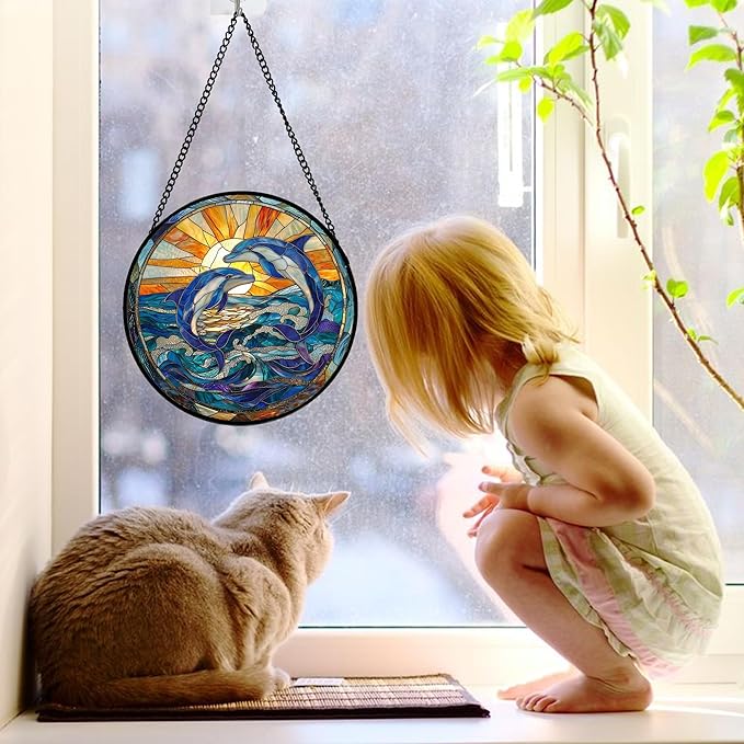 DASTOLL Stained Glass Window Hanging, Blue Dolphin Sun Catchers Colorful Glass Panel Sunrise Sea View Suncatcher Decor for Birthday for Women, Men, Wife, Aunt, and Mom 7.8 in