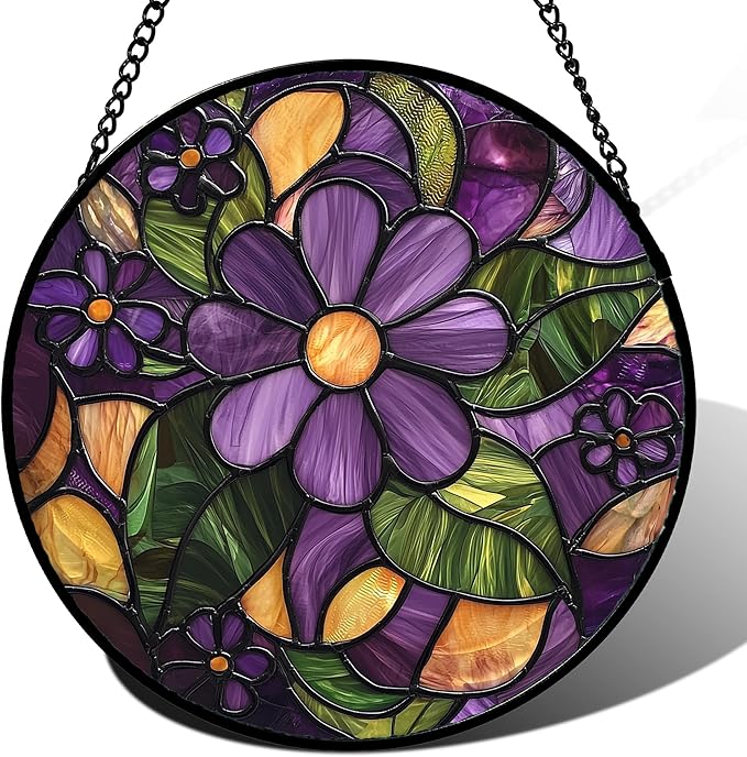 AMDERVEN Stained Glass Window Hanging, Purple Green Flowers Sun Catcher for Door Home Decor Plants Suncatcher Christmas Mother's Day Birthday Gifts for Women Men Mom and Nana 9.8 in