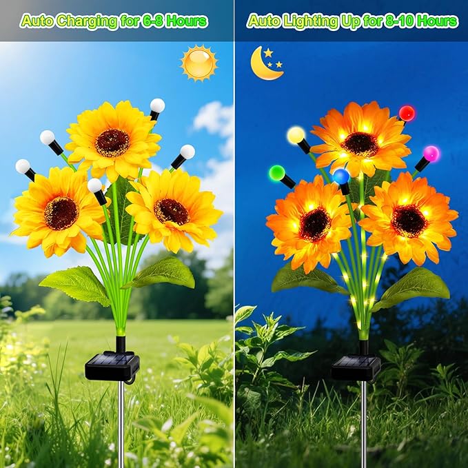 Solar Garden Lights-6 Pack Solar Sunflowers with Multicolor Changing Swaying Firefly Lights, Birthday for Mom Women,Waterproof Firefly Sunflower Light for Outdoor Patio Yard Decor