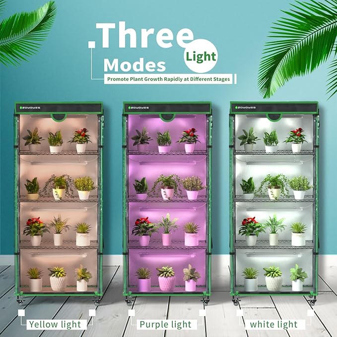Plant Stand with Grow Light, 36" W x 18" D x 72" H, 5-Tier Indoor Greenhouse with Cover & 3-Color T8 Growth Lights and Smart Socket, Thermohygrometer, for Seedlings & Flowering