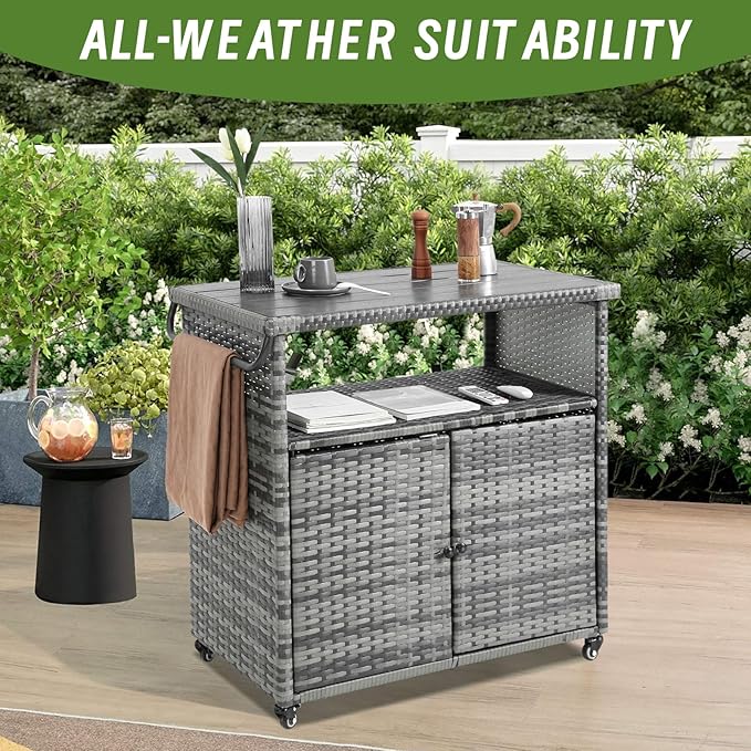 Outdoor Wicker Bar Cart, 35.20" Patio Wine Serving Cart with Plastic Wood Top, Rolling Beverage Bar Table with Wheels & Storage for Garden, Backyard & Poolside, Black