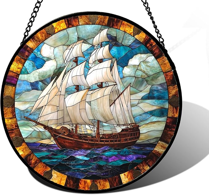 DASTOLL Stained Glass Window Hanging, Sailing Ocean Sun Catchers Glass Panel Navigation Suncatcher Decor for Birthday for Women, Men, Wife, Aunt, and Mom 11.8x11.8 in