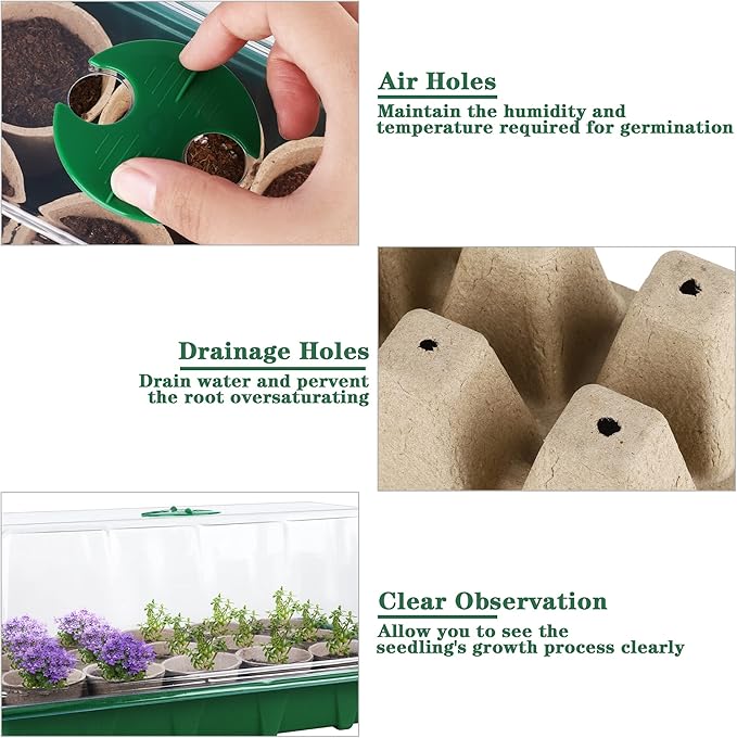4 Pack Seed Starter Tray Set Plants Growing Trays Peat Pots for Seedlings with Seed Starter Pots, Plastic Germination Tray, Plant Labels, Tool for Flower Vegetable Planting, Green