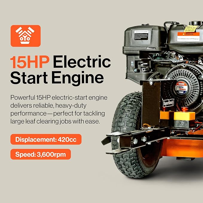 SuperHandy Tow-Behind Leaf Blower – 15HP Electric Start Gas Engine, 3000 CFM, 207 MPH Air Speed, Adjustable Airflow, Metal Impeller, Clevis Pin Hitch