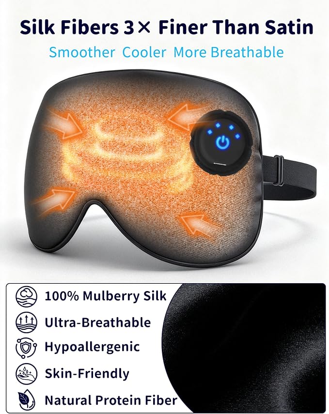 Heated Eye Mask FSA- HSA Eligible Cordless Pure Mulberry Silk Eye Mask for Dry Eyes Relief with 3 Adjustable Heat Settings,1500mAh Rechargeable & Washable Eye Cover for Travel Sleep Therapy