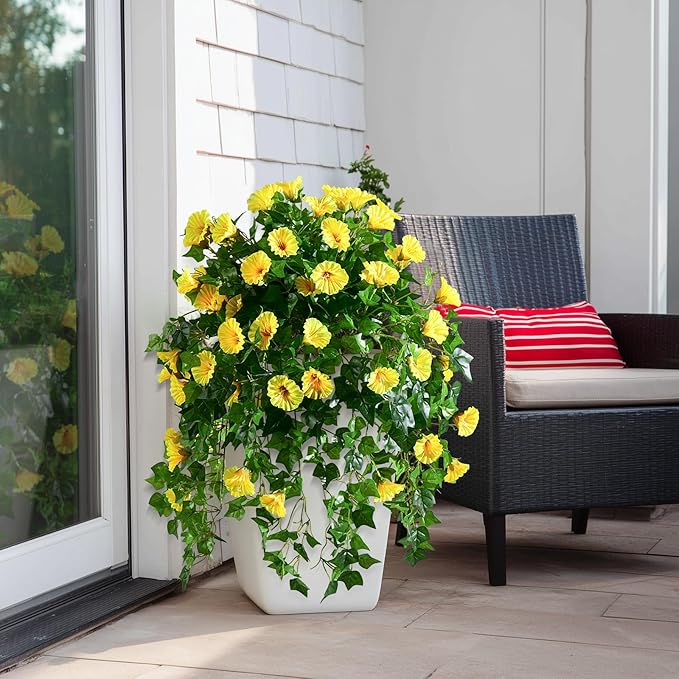 Morning Glory Artificial Hanging Flowers for Outdoors 3 Pcs Fake Petunias Flower Faux Silk Long Trailing Vines Realistic Flower for Front Door Porch Patio Balcony Garden Yard Decor (3 Pcs Yellow)
