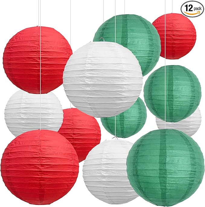 BEISHIDA 12Pcs Red White Green Paper Lanterns Decorative Hanging Round Paper Lanterns Lamp for Christmas，Birthday,Bridal,Wedding,Home or Outdoor Party Decoration