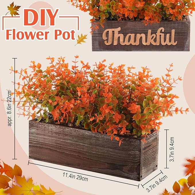 Lyrow 2 Pack Artificial Eucalyptus Plant in Rectangular Rustic Wooden Planter Box Faux Potted Herb Plant Table Centerpiece for Kitchen Windowsill Shelf Decor (Fall,11.4 '')