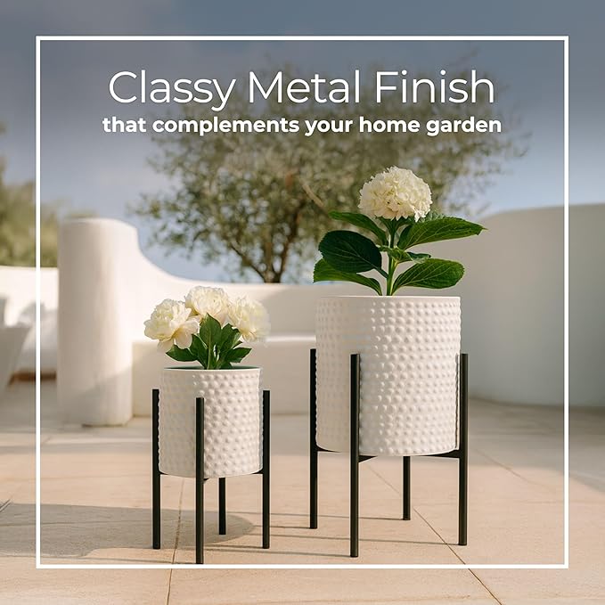 Decorative Flower Pots with Metal Stand for Home Decor - Modern Planters for Hallway, Entryway, and Living Room Decor - Indoor and Outdoor Pots for Plants - Set of 2, 23", 19", White & Black